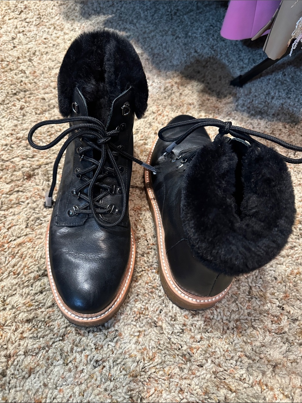 Botkier Black Lace-Up Faux Fur Collar Women's Boots with Tan Welt
